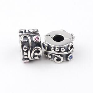 Two PANDORA Tendril, Pink/Blue CZ Clips Charms